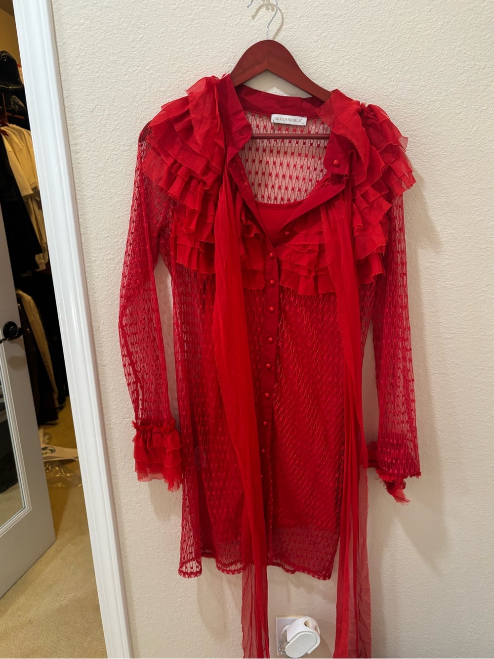 Red Ruffled Sheer Button-Front Tunic - Picture 3 of 4